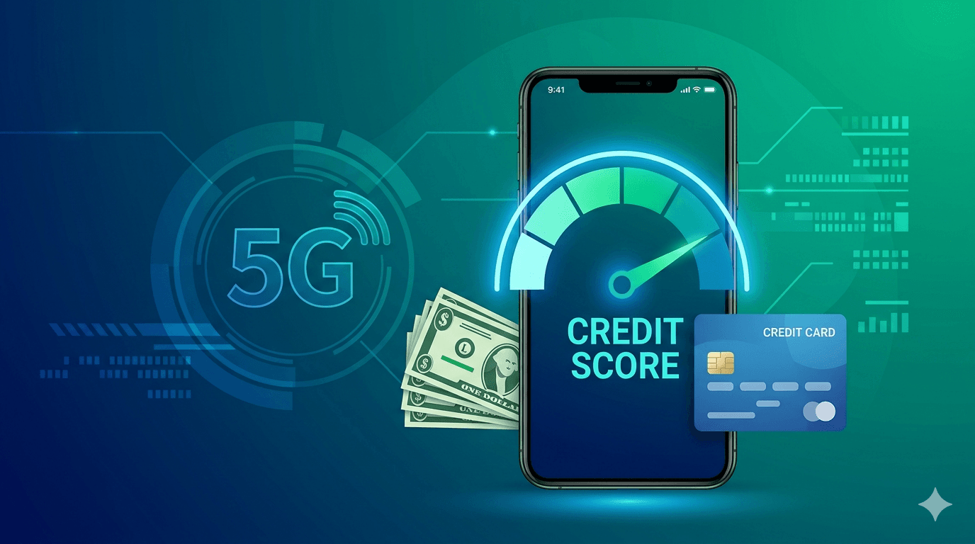An illustration of a smartphone displaying a high credit score, surrounded by dollar bills and a credit card, with a 5G network icon in the background.