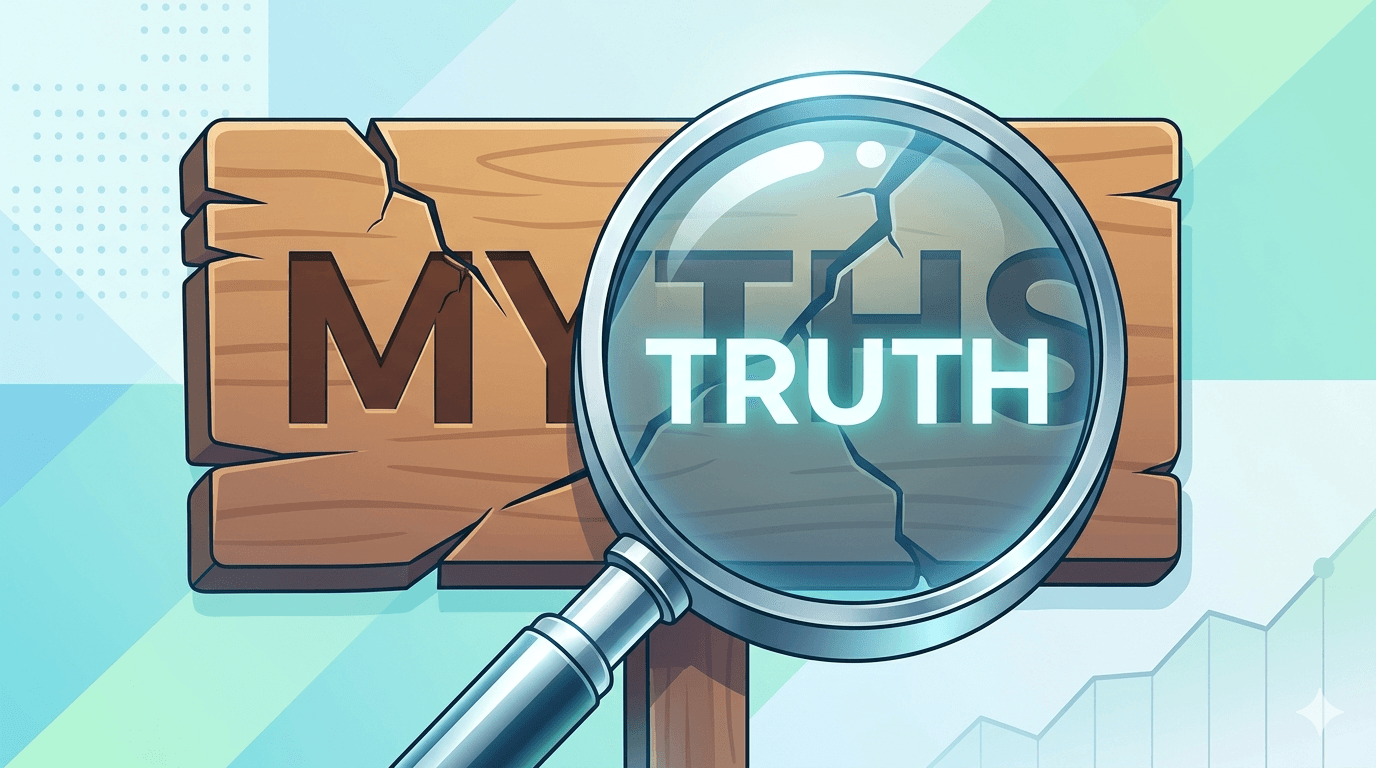 An illustration of a magnifying glass revealing the word 'Truth' behind a cracked 'Myths' sign, with a faint credit score chart in the background.